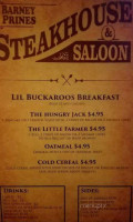 Barney Prine's Steakhouse Saloon menu