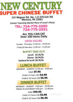 New Century Chinese Buffet menu