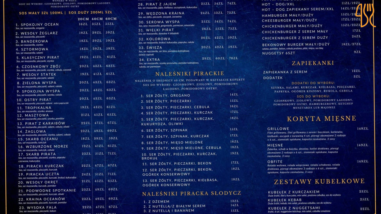 Pirat Sala Zabaw Pizzeria Rydułtowy Menu