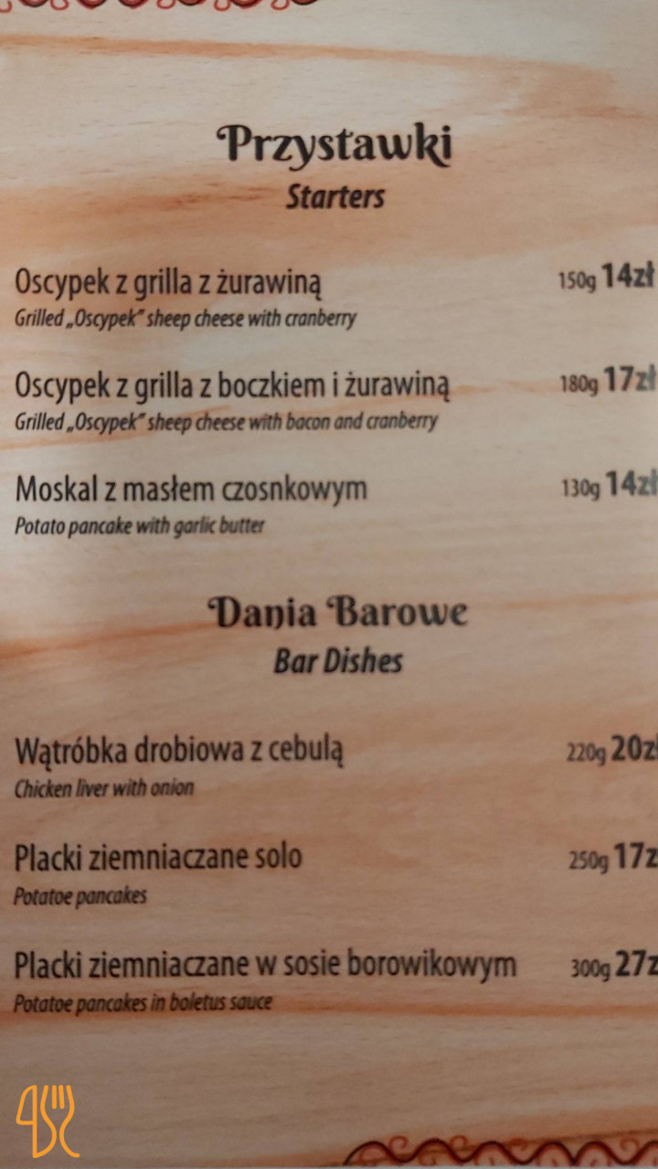 Karczma Na Wiyrchu Menu