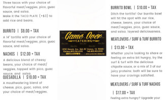 Game Over Catering menu