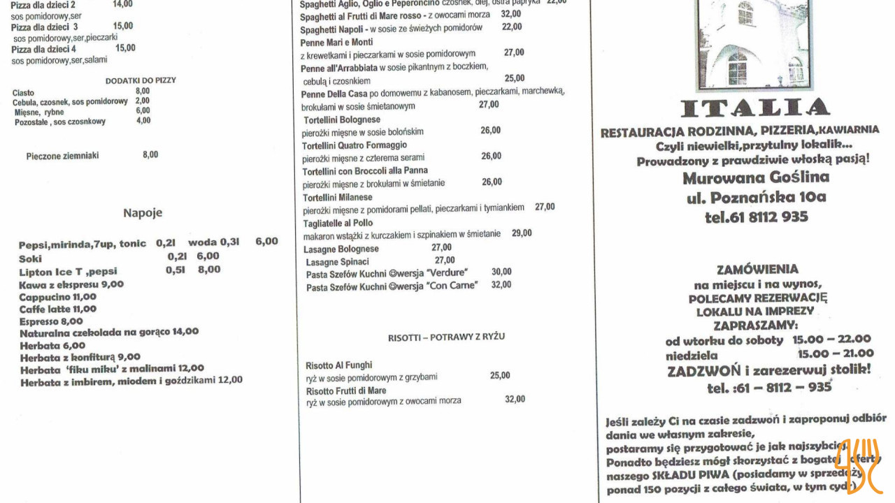 Pizzeria Italia Menu
