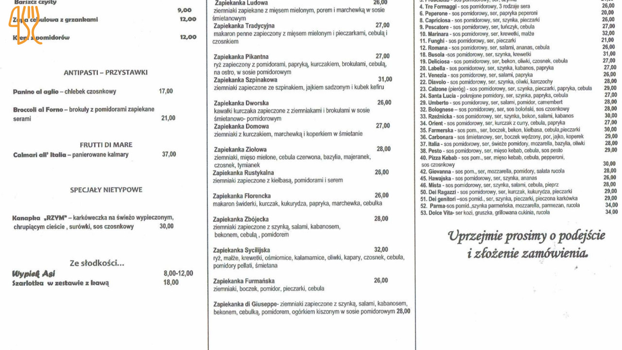 Pizzeria Italia Menu