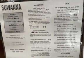 Suwanna Thai Cafe menu