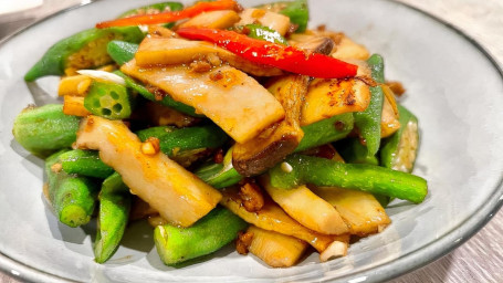 H06Xìng Bào Gū Chǎo Qiū Kuí Okra Stir Fried King Oyster Mushroom