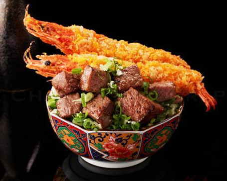 Fú Kuā Hǎi Lù Shuāng Pīn Jǐng Fàn Zhà Xiā Jí Tóu Niú Signature The Surf And Turf Don Deep Fried Shrimp And Diced Beef